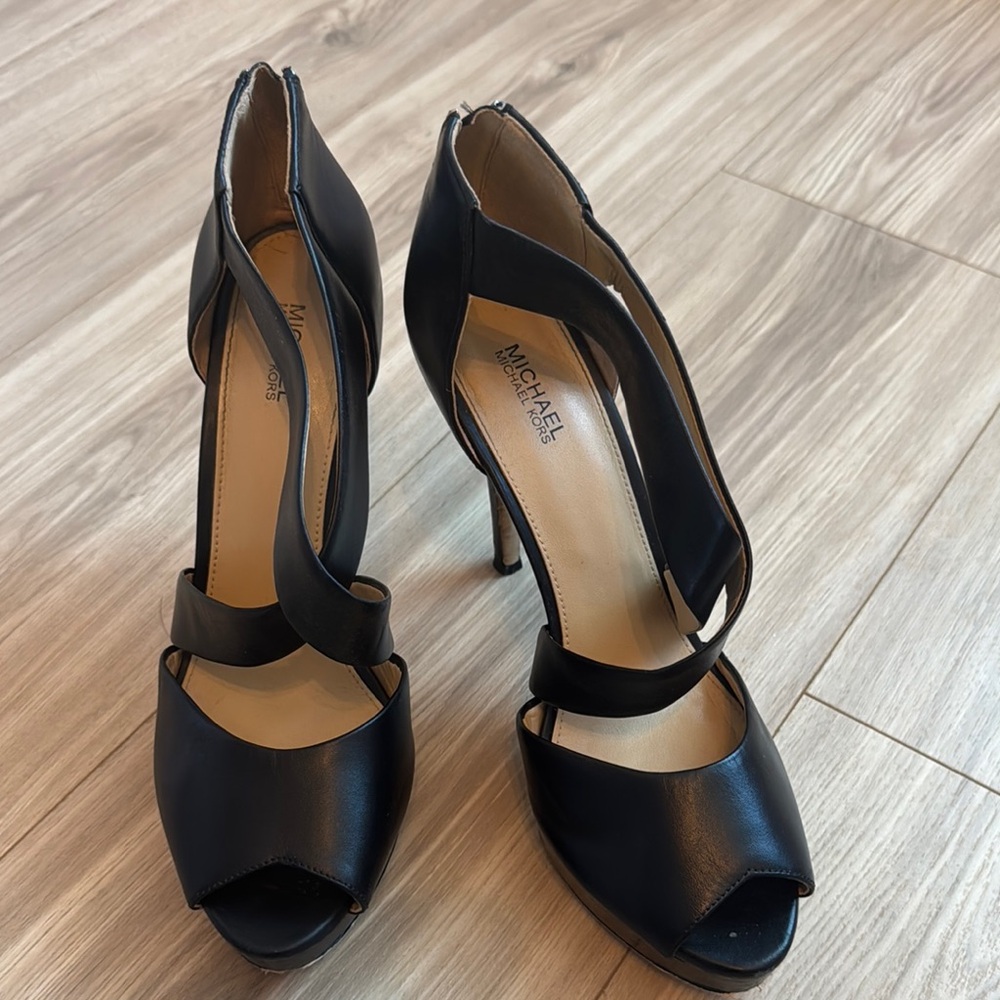Michael Kors Black Strappy Peep-Toe Heels With Back Zipper